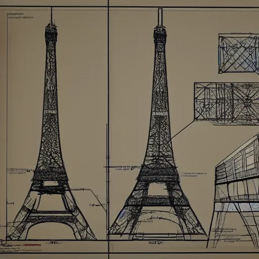 Image similar to rejected design sketches for the eiffel tower blueprint technical drawing