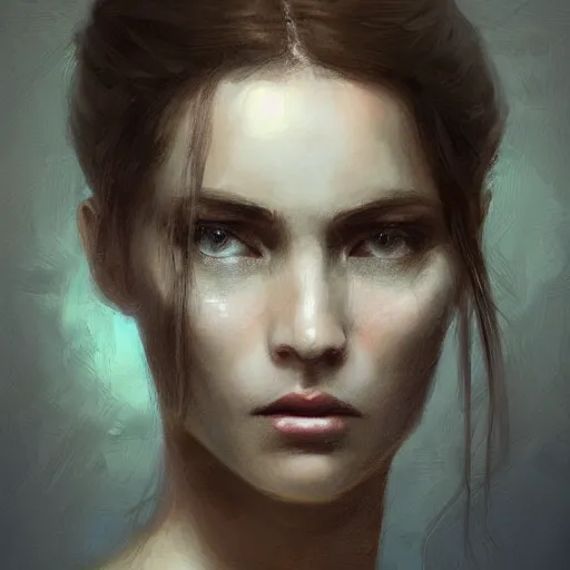Image similar to Portrait of a woman by Greg Rutkowski, she is about 30 years old, pretty, blond hair with two strans around her face, slavic features, melancholic gaze, pretty aquiline nose, she is wearing a blue utilitarian jumpsuit, highly detailed portrait, digital painting, artstation, concept art, smooth, sharp foccus ilustration, Artstation HQ.