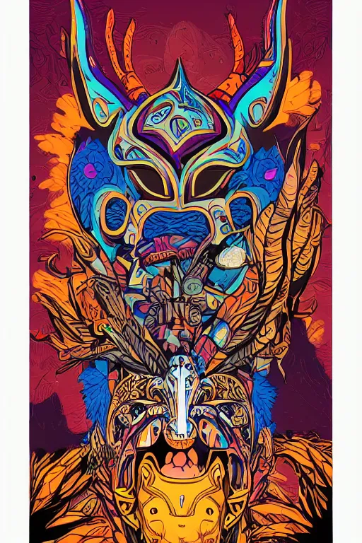 Image similar to animal mask totem roots flower tribal feather gemstone plant wood rock shaman vodoo video game vector cutout illustration vivid multicolor borderlands comics by josan gonzales and dan mumford radiating a glowing aura