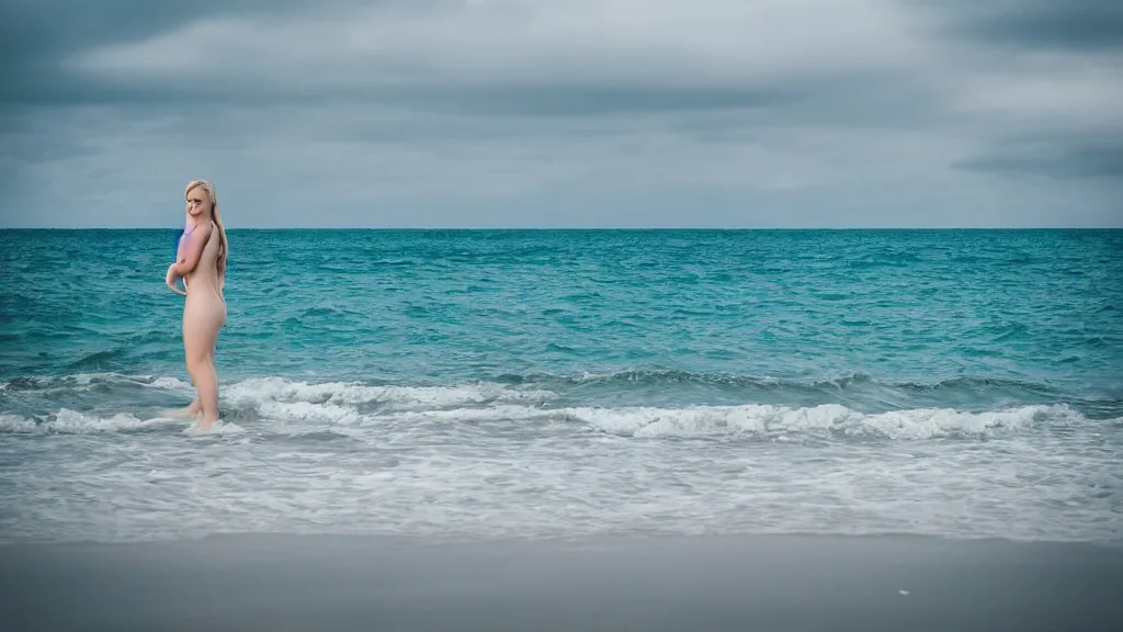 Image similar to professional photograph of the ocean, a mermaid in the background, high focus