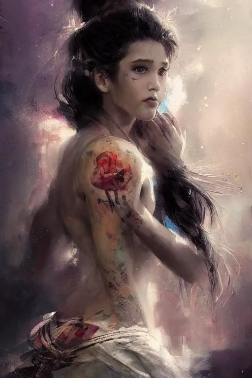 Prompt: an epic painting of sailor moon as a real girl, oriental tattoos, realism, dramatic, intricate, by jeremy mann and greg rutkowski, trending on artstation, oil on canvas