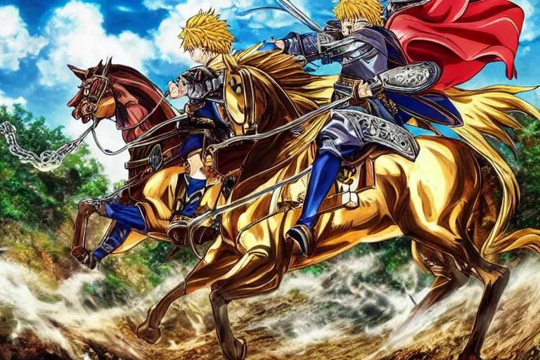 Prompt: an ultra detailed portrait of king richard the lionhearted as a shonen anime protagonist attacking riding a horse in gold armor, 8 k, volumetric lighting, art by kentaro miura and akira toriyama