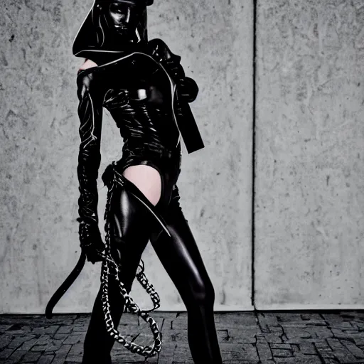 Image similar to fashion photography of an extraterrestrial model, holding a leather whip, wearing demobaza fashion, inside berghain, berlin fashion, harness, futuristic fashion, dark minimal outfit, photo 3 5 mm leica, hyperdetail, berghain, 8 k, very detailed, photo by nick knight