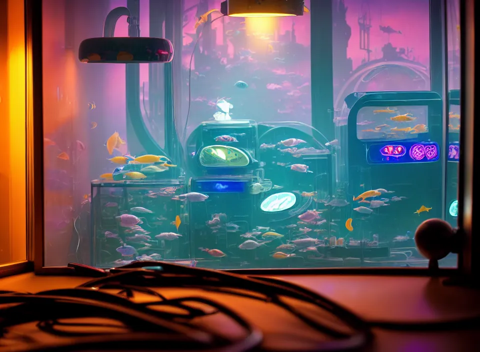 Prompt: telephoto 7 0 mm f / 2. 8 iso 2 0 0 photograph depicting the feeling of insomnia in a cosy cluttered french sci - fi ( art nouveau ) cyberpunk apartment in a pastel dreamstate art cinema style. ( aquarium, computer screens, window ( city ), led indicator, lamp ( ( ( pinball machine ) ) ) ), ambient light.