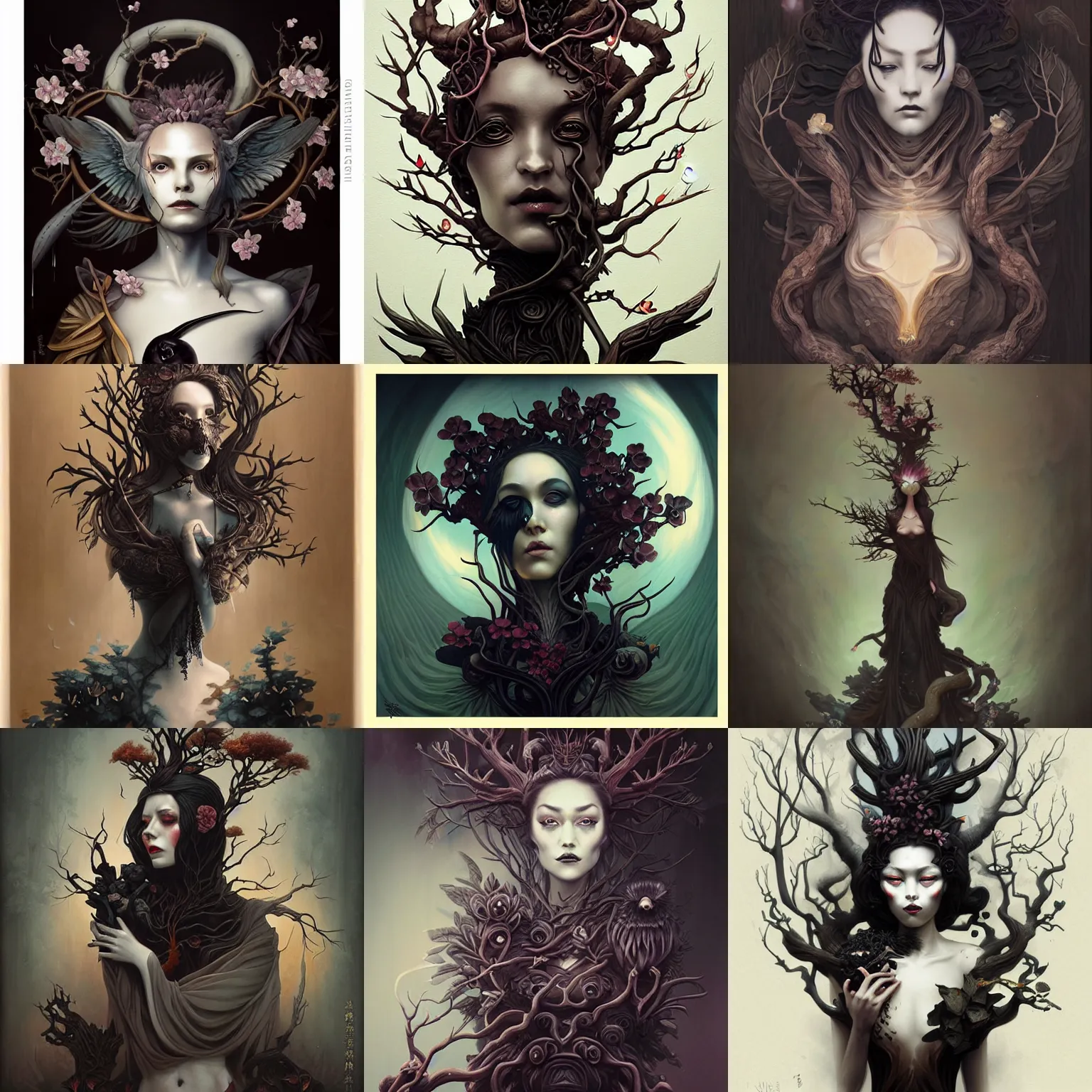 Image similar to fantasy portrait of a woman made of obsidian and smoke, carved Japanese Sakura wood organic overgrowth, holding nevermore, peter mohrbacher, artgerm, James Jean