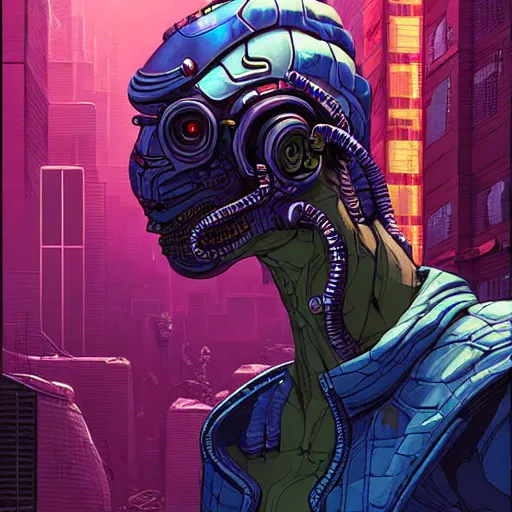 Prompt: A cyberpunk reptile viper head cyborg on the street of a cyberpunk city art by Josan Gonzalez, sci-fi, highly detailed, digital painting, artstation, smooth, sharp focus, illustration, concept art by Josan Gonzalez and James Gurney and Mœbius