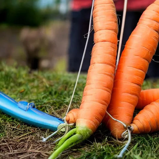 Prompt: dangling carrot in a fishing rod in front of a blonde man,