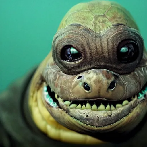 Image similar to photo of a terrifying turtle with a nightmarish disfigured face, creepy eyes and mouth, nightmare fuel, creepypasta