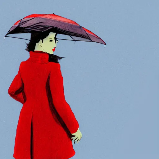 Image similar to woman with red coat and cyan umbrella, digital art