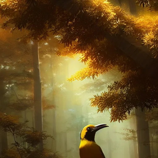 Image similar to golden oriole in avila pinewood, 4 k, concept art, by wlop, ilya kuvshinov, artgerm, krenz cushart, greg rutkowski, pixiv. cinematic dramatic atmosphere, sharp focus, volumetric lighting, cinematic lighting, studio quality