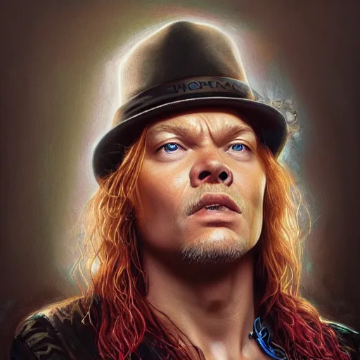 Prompt: axel rose portrait guns and roses, intricate, highly detailed, digital painting, artstation, concept art, smooth, sharp focus, illustration, unreal engine 5, 8 k, art by artgerm and greg rutkowski and alphonse mucha