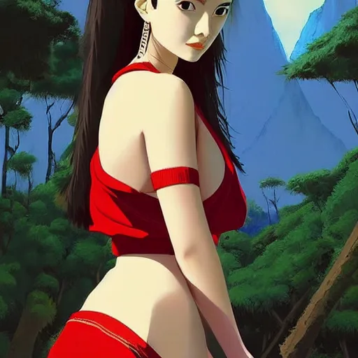 Image similar to a beautiful young japanese natalie portman alluring gravure model, stylized concept art, wearing elegant designer overalls, elegant overalls with mesoamerican patterns, mesoamerican native street fashion, princess mononoke, painted by jamie hewlett and ashley wood and mike mignola, aesthetic, gorgeous, stunning, alluring, attractive, artstation, pinterest, digital art