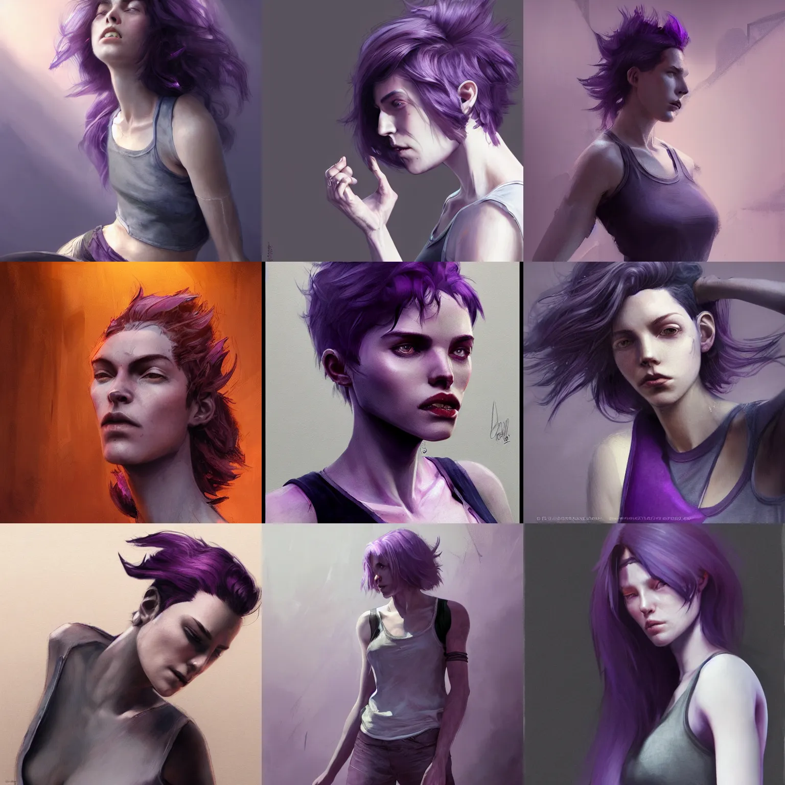 Prompt: woman with dark-purple hair wearing a grey tanktop, by Cedric Peyravernay, highly detailed, excellent composition, cinematic concept art