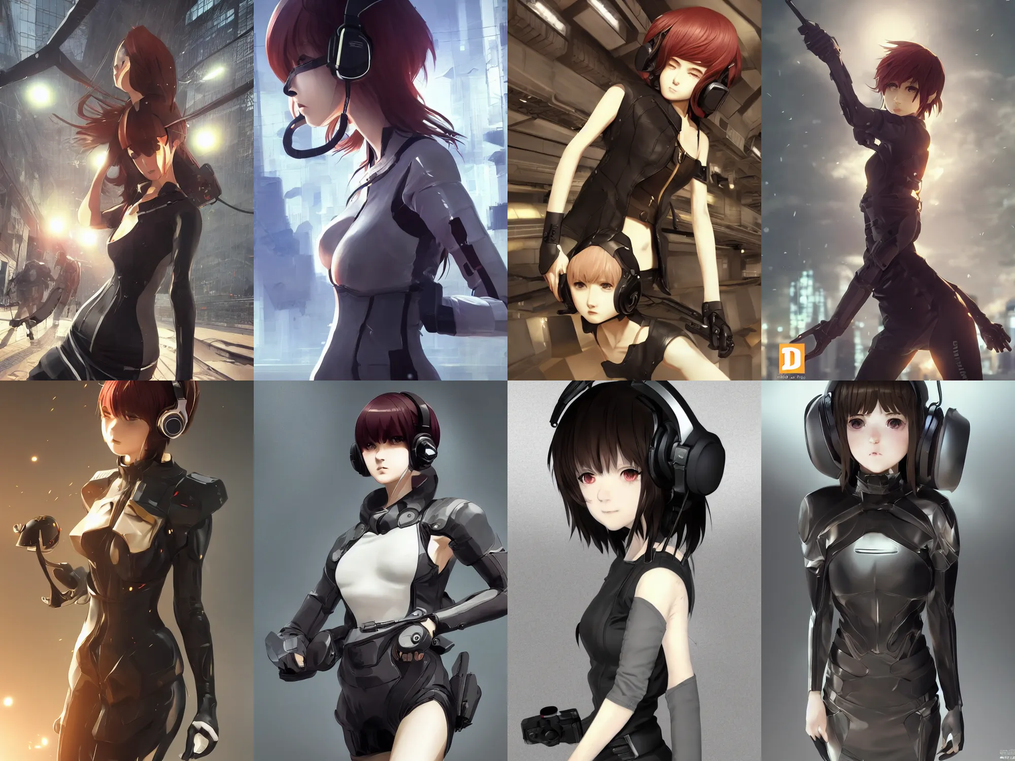 Prompt: Deus Ex Human Revolution. Very complicated dynamic composition, realistic anime style at Pixiv CGSociety by WLOP, ilya kuvshinov, krenz cushart, Greg Rutkowski, trending on artstation. Zbrush sculpt colored, Octane render in Maya and Houdini VFX, cute young redhead girl in motion, she expressing joy, wearing dress, headphones, silky hair, stunning deep eyes. In cityscape. Very expressive and inspirational. Amazing textured brush strokes. Cinematic dramatic atmosphere, soft volumetric studio lighting.