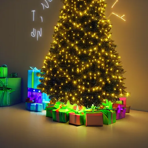 Image similar to a christmas tree made out of neon lights in a dark room, hyperrealistic photograph, artstation, octane render