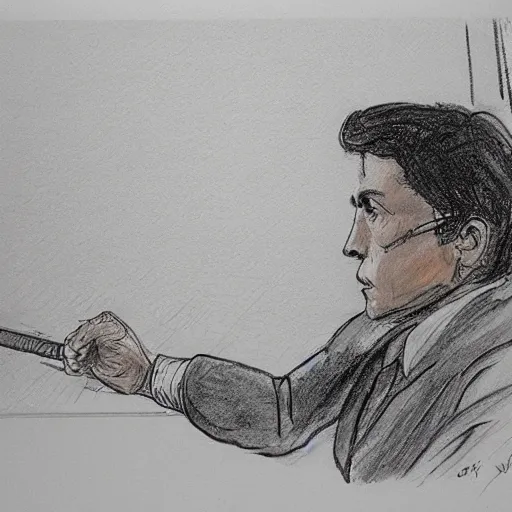 Prompt: water - pipe testifying in court, courtroom sketch