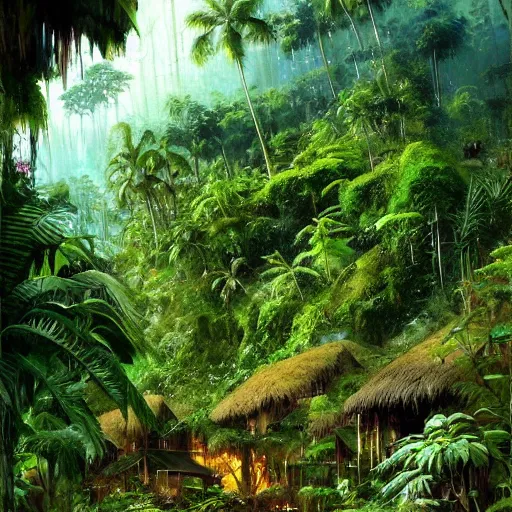 Prompt: a village in the rainforest, highly detailed, beautiful, sharp focus, vine, lush plants, artstation, by john berkey