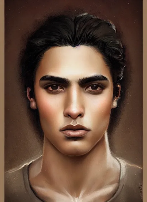 Prompt: a magical portrait of a mexican young male gang member with beautiful brown eyes and short black hair, art by manuel sanjulian and tom bagshaw