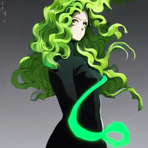 Prompt: tatsumaki from one punch man, green wavy hair, black dress, fine details, digital painting, pretty face, sharp focus, light and shadow effects, dynamic pose, by cushart krenz, by makoto shinkai