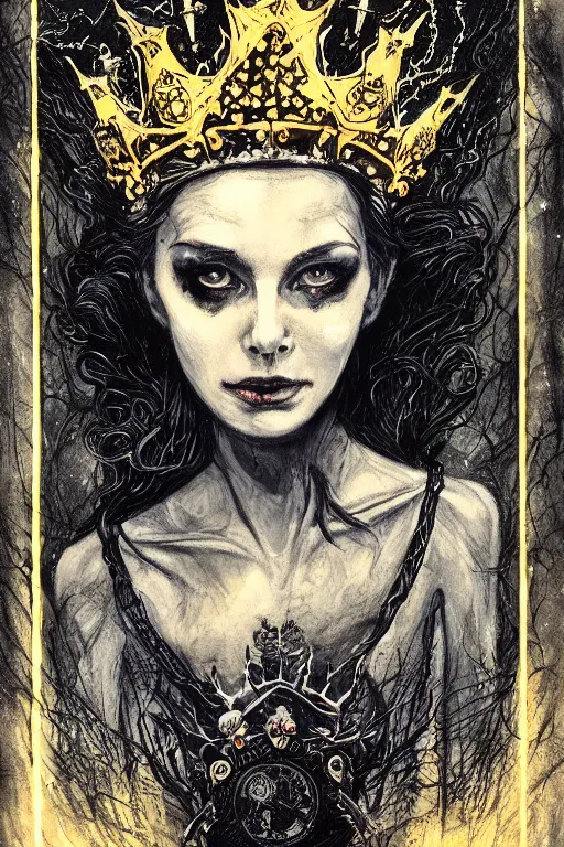 Prompt: Portrait of the Queen of Entropy wearing a crown, high fantasy, gothic, black paper, dark atmosphere, skulls, detailed, cinematic, ornate, tarot card, highly detailed, ink illustration, Guy Denning, Anato Finnstark, golden ratio, 8k,