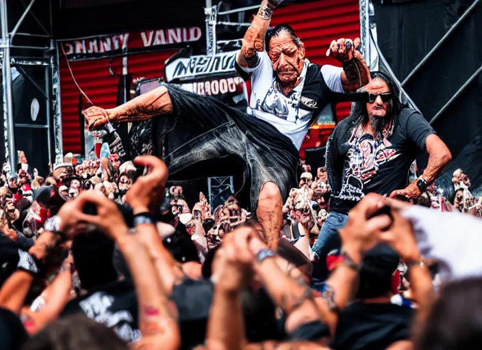 Image similar to photo still of danny trejo at vans warped tour!!!!!!!! at age 6 3 years old 6 3 years of age!!!!!!! stage diving at a crowd, 8 k, 8 5 mm f 1. 8, studio lighting, rim light, right side key light