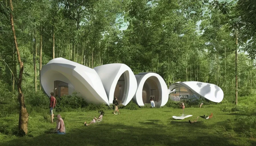 Image similar to A unique innovative and creative eco community of small affordable and contemporary creative cabins in a lush green forest with soft rounded corners and angles, 3D printed line texture, made of cement, connected by sidewalks, public space, and a park, Design and style by Zaha Hadid, Wes Anderson and Gucci