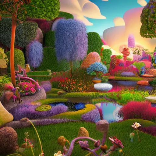 Image similar to a tiltshift 4 k photo of visions of serenity in the garden of enchantment, detailed digital art by howard arkley, anton fadeev and james gurney, hyperdetailed 4 k hd realism rendered in unreal engine