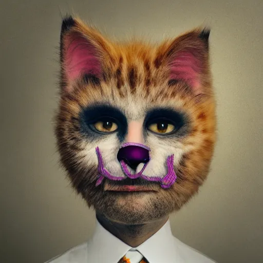 Image similar to anthropomorphic portrait man man wearing kitty cat costume cat-faced kitty cat furry calico juggalo man fuzzy ears eyes nose portrait ishbel myerscough