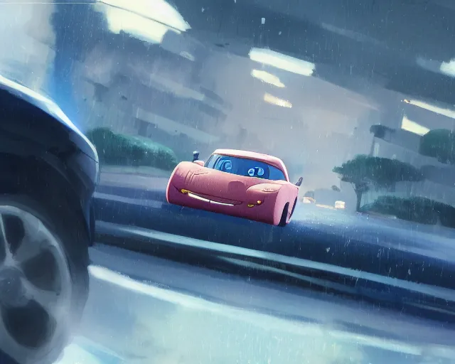 Prompt: a brunnete girl with blue eyes and puffy cheeks driving a car, car accident, close up shot from the back of the car, anime art, Greg Rutkowski, studio ghibli, dramatic lighting