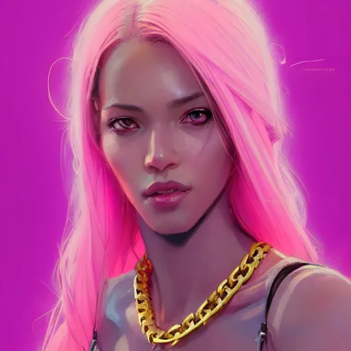 Image similar to portrait of beautiful woman marvel character, confident pose, strong jewelry, wearing chains. pastel pink, bright colors, sharp focus, illustration, highly detailed, concept art, matte, trending on artstation, anime, art by wlop and artgerm and greg rutkowski, h 6 4 0