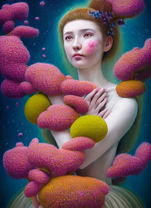 Image similar to hyper detailed 3d render like a Oil painting - kawaii portrait Aurora (brown haired Singer Weasle) seen Eating of the Strangling network of yellowcake aerochrome and milky Fruit and Her delicate Hands hold of gossamer polyp blossoms bring iridescent fungal flowers whose spores black the foolish stars by Jacek Yerka, Mariusz Lewandowski, Houdini algorithmic generative render, Abstract brush strokes, Masterpiece, Edward Hopper and James Gilleard, Zdzislaw Beksinski, Mark Ryden, Wolfgang Lettl, hints of Yayoi Kasuma, octane render, 8k