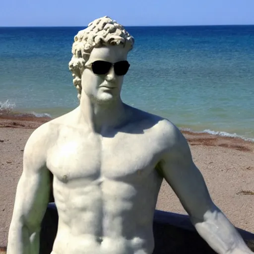 Prompt: statue of David in the beach wearing sunglasses, realistic