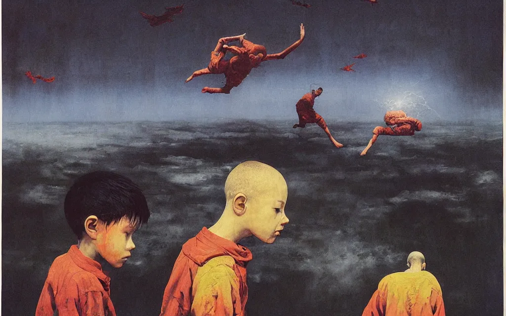 Image similar to early color photo of an boy standing and looking at an old PC computer monitor from 90s in an old soviet apartment and looking at the scared enlightened boy flying up in sky, Beksinski impasto painting, part by Adrian Ghenie and Gerhard Richter. art by Takato Yamamoto, masterpiece