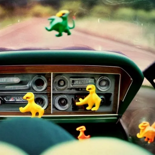 Prompt: 1970s car dashboard with small plastic dinos.