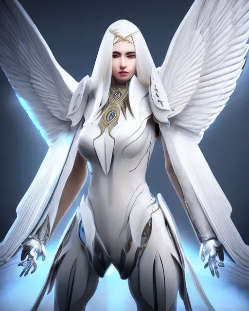 Image similar to regal white haired attractive egyptian goddess with huge white dove wings, warframe armor, beautiful, symmetric, dreamy, half asian, pretty face, blue eyes, detailed, scifi platform, laboratory, experiment, 4 k, ultra realistic, epic lighting, android body, illuminated, cinematic, masterpiece, art by akihito tsukushi, voidstar