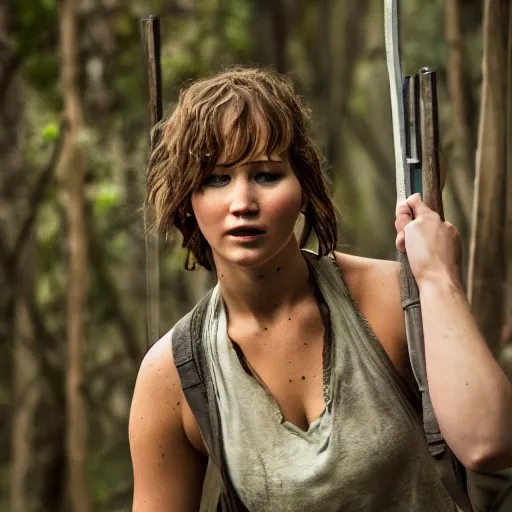 Image similar to first shot of jennifer lawrence in rambo remake, ( eos 5 ds r, iso 1 0 0, f / 8, 1 / 1 2 5, 8 4 mm, postprocessed, crisp face, facial features )