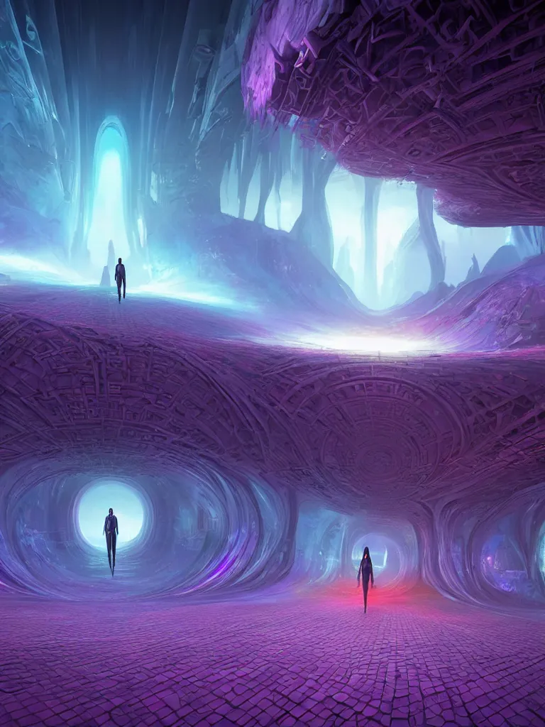 Image similar to entrance to ethereal realm, rendered in unreal engine, central composition, symmetrical composition, dreamy colourful cyberpunk colors, 6 point perspective, fantasy landscape with anthropomorphic!!! terrain!!! in the styles of igor morski, jim warren, and rob gonsalves, intricate, hyperrealistic, volumetric lighting, big sky, distinct horizon