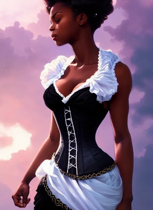 Image similar to cute black woman wearing a white corset dress, fantasy, intricate, highly detailed, digital painting, artstation, concept art, wallpaper, smooth, sharp focus, illustration, art by artgerm and greg rutkowski and alphonse mucha