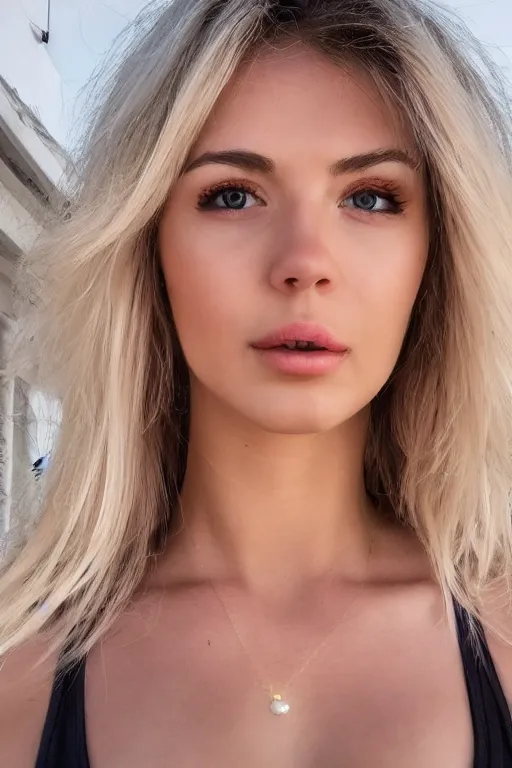 Image similar to 2 4 year old professional blonde female wearing white v - neck top, neck zoomed in from lips down, photo realistic, extreme detail skin, no filter, slr, golden hour, 4 k, high definition, photograph, selfie
