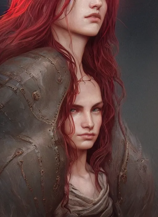 Image similar to vertical portrait of a ruggedly handsome female cleric, soft hair, close - up face, leather, witchy, d & d, fantasy, intricate, elegant, highly detailed, digital painting, artstation, concept art, smooth, sharp focus, illustration, art by artgerm and greg rutkowski and alphonse mucha, plain red background