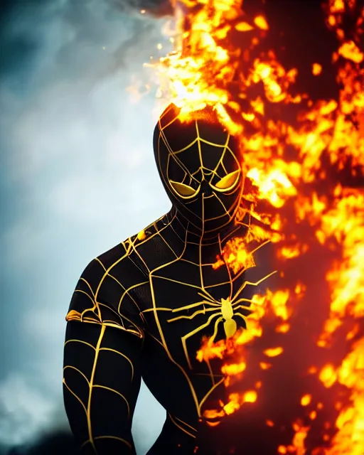 Image similar to photograph of a black and gold suit spider - man stood infront of a blazing inferno, dslr, cinematic, volumetric lighting, 8 k resolution, photorealistic