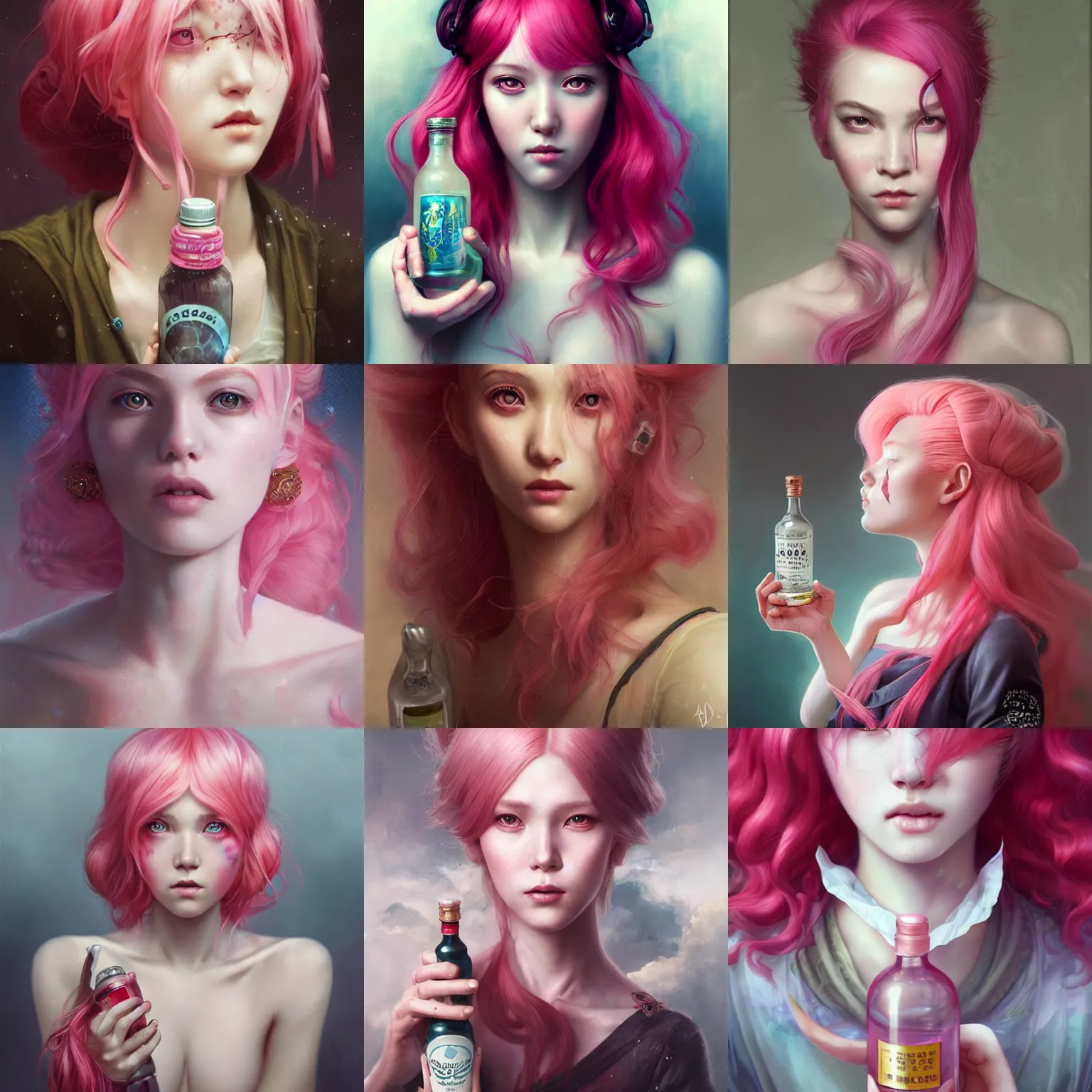 Prompt: a beautiful hyper realistic detailed epic portrait of a gentle and nice women with pink hair and a bottle of acid in her hand, by tom bagshaw, ross tran and bayard wu, anime, featured on artstation