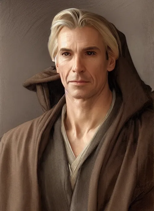 Prompt: a man aged 4 0 with tousled blonde hair and hazel eyes and a friendly expression. he is handsome, clean shaven and wearing a grey cloak. head and shoulders portrait painting by artgerm and greg rutkowski and alphonse mucha.