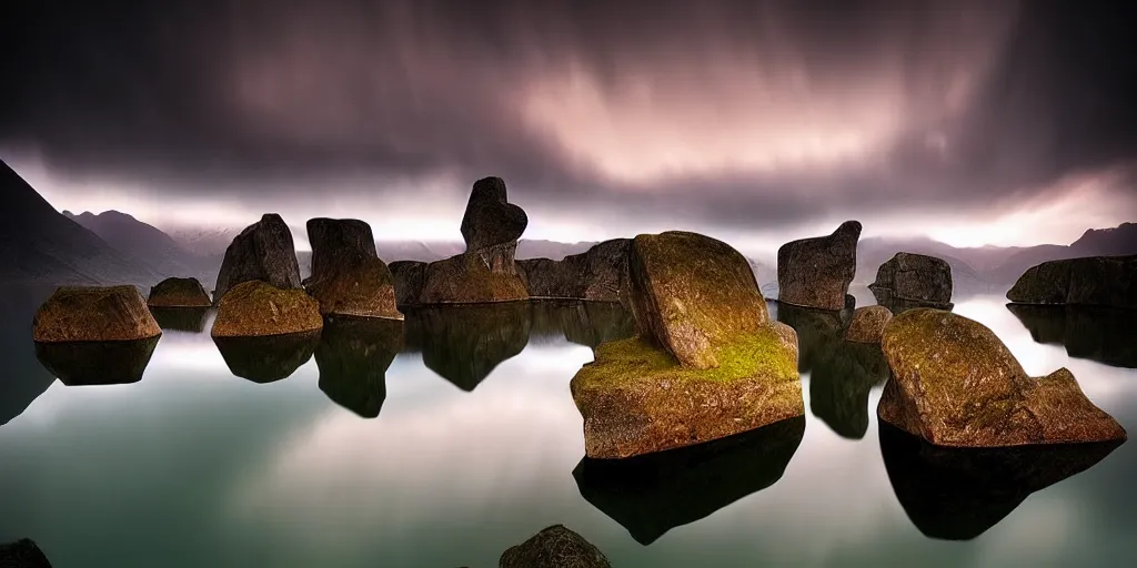 Prompt: amazing landscape photo of megalithic monolithic statue with lake at sunise by Marc Adamus beautiful dramatic lighting, surrealism