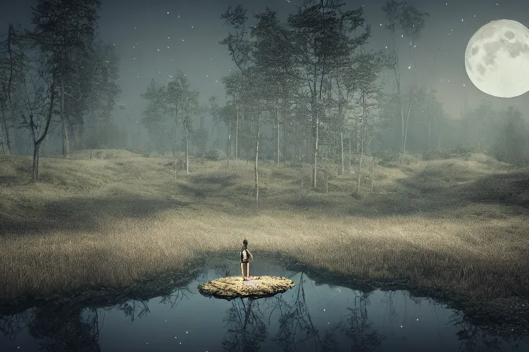 Prompt: a detailed RPG portrait of a broken silver moon floating over a reflective pond in a barren forest by escume, night, mist, octane render, deviantart