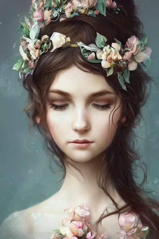 Image similar to beautiful maiden wearing a floral headband, intricate, elegant, highly detailed, digital painting, artstation, concept art, smooth, sharp focus, illustration, art by WlOP
