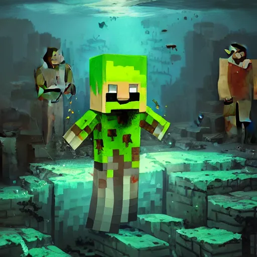 Image similar to painting by greg rutkowski of a minecraft drowned zombie with glowing cyan eyes, wearing ragged clothing and and algae growing on it, holding a trident, underwater