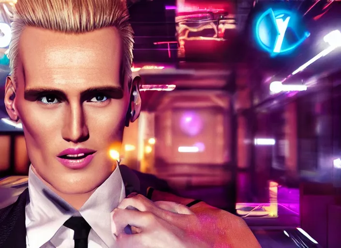 Image similar to Max Headroom in a Perfume advertisement, magical, science fiction, symmetrical face, large eyes, Chanel, Calvin Klein, Burberry, Versace, Gucci, Dior, hyper realistic, digital art, octane render, trending on artstation, artstationHD, artstationHQ, unreal engine, 4k, 8k