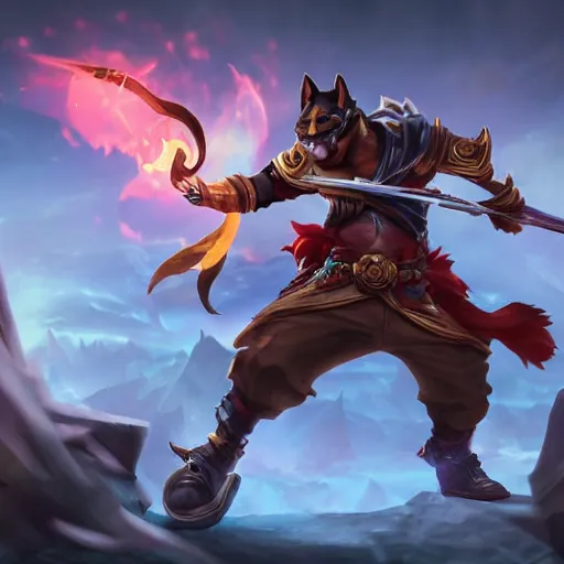 Prompt: shiba inu pirate warrior as a league of legends character, michael maurino, alex flores, paul kwon, cinematic, highly detailed, concept art, 3 d cgi, dramatic lighting, focus, smooth, heroic, hyper realistic background, in the style of league of legends, lol