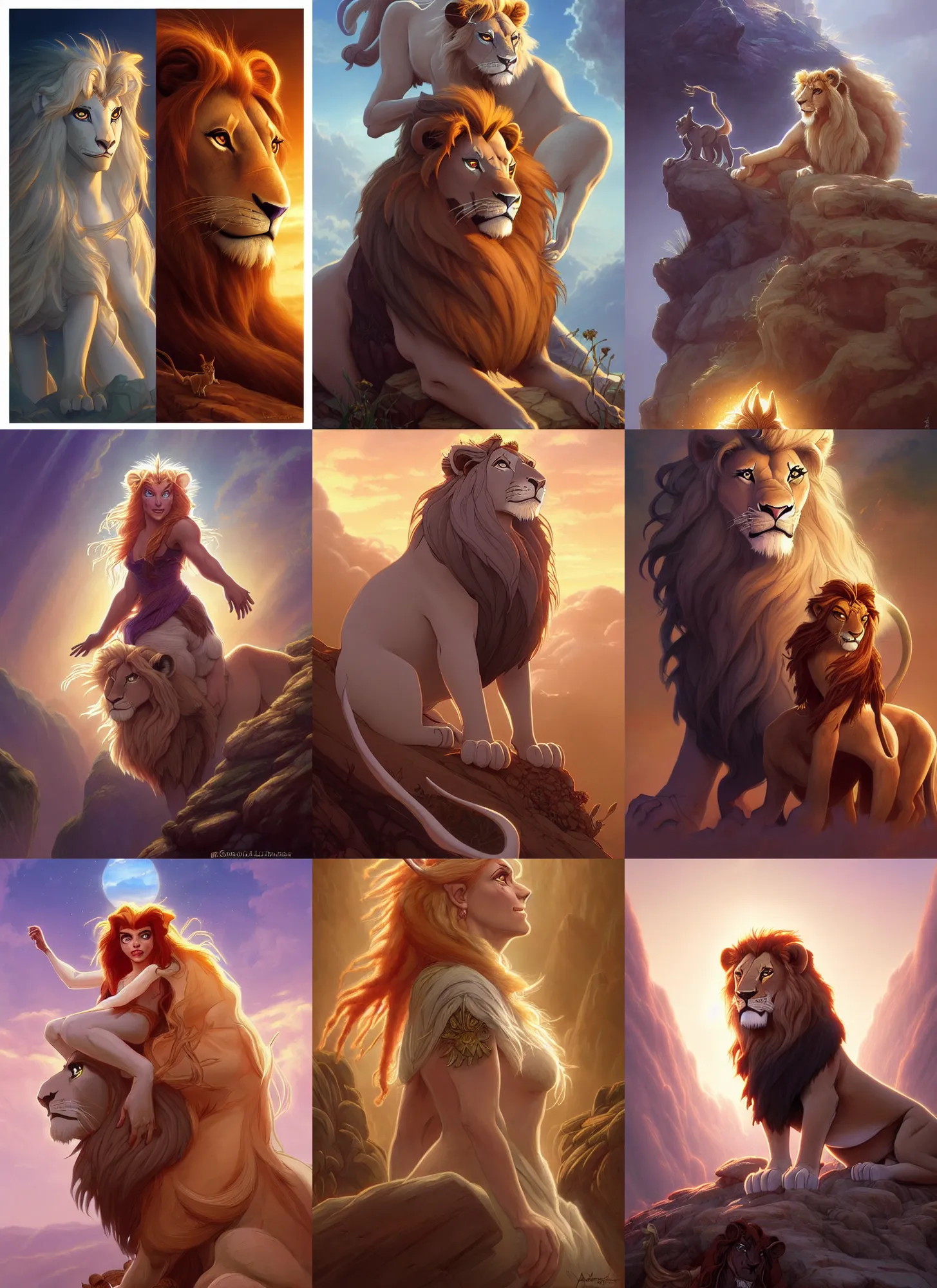 Prompt: characters from the last unicorn combined with the lion king, d & d, fantasy, intricate, elegant, highly detailed, digital painting, artstation, concept art, matte, sharp focus, illustration, hearthstone, art by artgerm and greg rutkowski and alphonse mucha